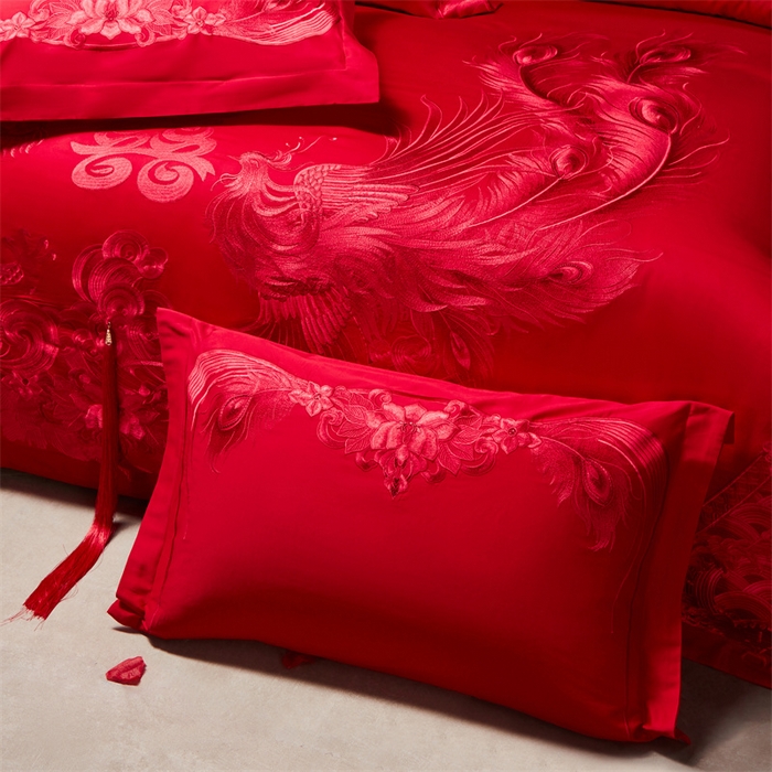 91家纺网 家纺一手货源 找家纺 宏羽纺家纺 2025新款高支高密全棉提花新中式婚庆多件套 高支高密龙凤祥福-红