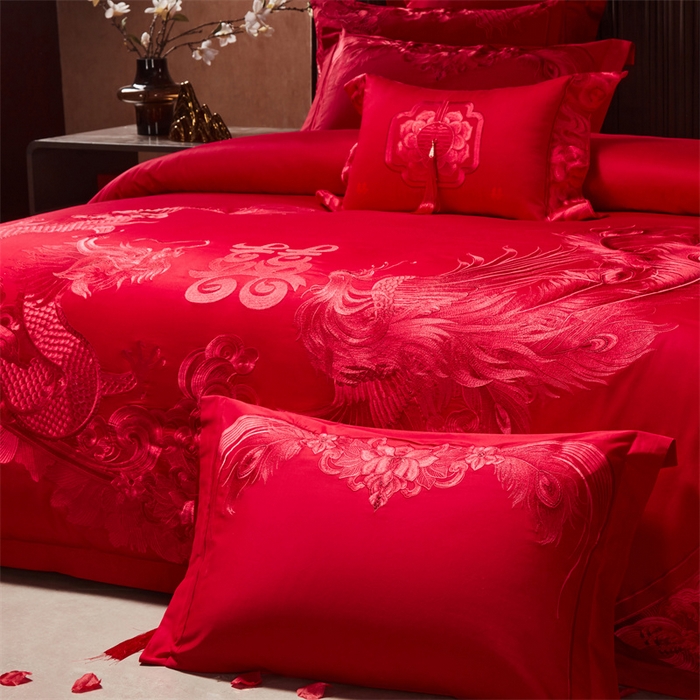 91家纺网 家纺一手货源 找家纺 宏羽纺家纺 2025新款高支高密全棉提花新中式婚庆多件套 高支高密龙凤祥福-红