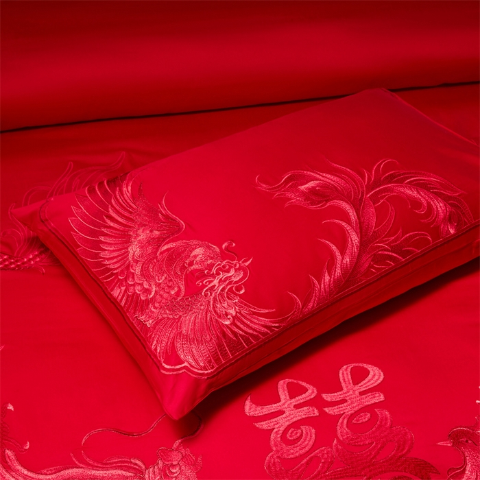 91家纺网 家纺一手货源 找家纺 宏羽纺家纺 2025新款高支高密全棉提花新中式婚庆多件套 高支高密龙凤祥福-红