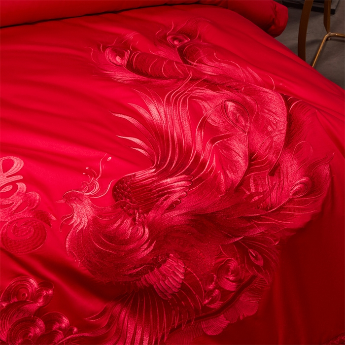 91家纺网 家纺一手货源 找家纺 宏羽纺家纺 2025新款高支高密全棉提花新中式婚庆多件套 高支高密龙凤祥福-红