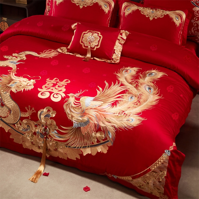91家纺网 家纺一手货源 找家纺 宏羽纺家纺 2025新款高支高密全棉提花新中式婚庆多件套 高支高密龙凤祥福-金