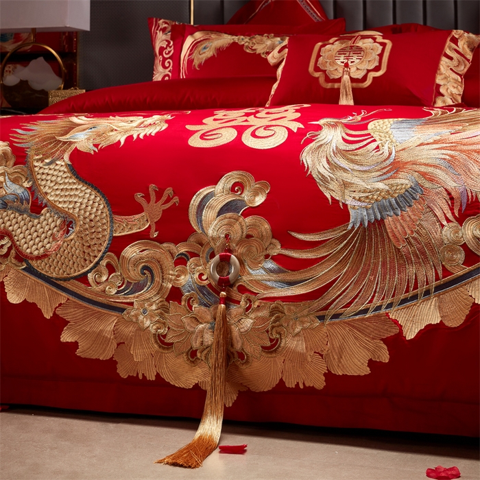 91家纺网 家纺一手货源 找家纺 宏羽纺家纺 2025新款高支高密全棉提花新中式婚庆多件套 高支高密龙凤祥福-金