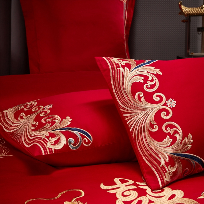 91家纺网 家纺一手货源 找家纺 宏羽纺家纺 2025新款高支高密全棉提花新中式婚庆多件套 高支高密龙凤祥福-金