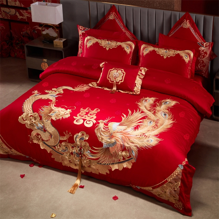 91家纺网 家纺一手货源 找家纺 宏羽纺家纺 2025新款高支高密全棉提花新中式婚庆多件套 高支高密龙凤祥福-金