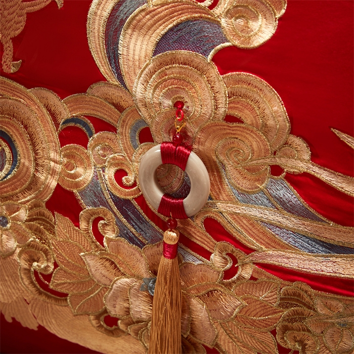 91家纺网 家纺一手货源 找家纺 宏羽纺家纺 2025新款高支高密全棉提花新中式婚庆多件套 高支高密龙凤祥福-金