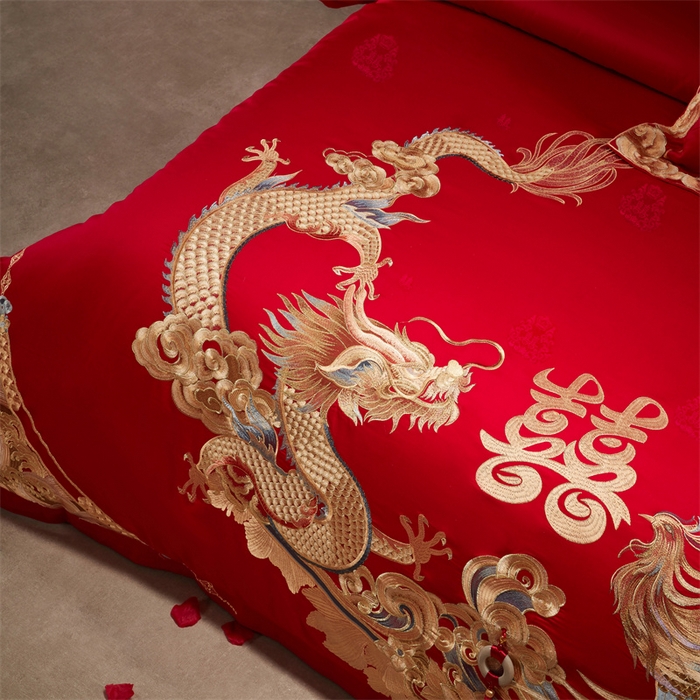 91家纺网 家纺一手货源 找家纺 宏羽纺家纺 2025新款高支高密全棉提花新中式婚庆多件套 高支高密龙凤祥福-金