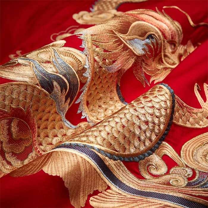 91家纺网 家纺一手货源 找家纺 宏羽纺家纺 2025新款高支高密全棉提花新中式婚庆多件套 高支高密龙凤祥福-金