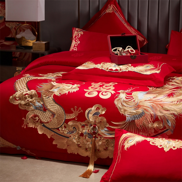 91家纺网 家纺一手货源 找家纺 宏羽纺家纺 2025新款高支高密全棉提花新中式婚庆多件套 高支高密龙凤祥福-金