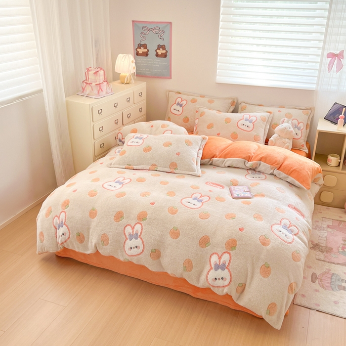 91家纺网 家纺一手货源 找家纺 川悦生活 2025新款立体雪花绒印花大床四件套系列一场景一 橘兔