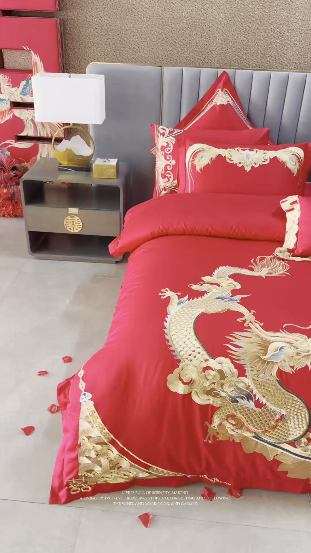 91家纺网 家纺一手货源 找家纺 宏羽纺家纺 2025新款高支高密全棉提花新中式婚庆多件套 高支高密龙凤祥福-金