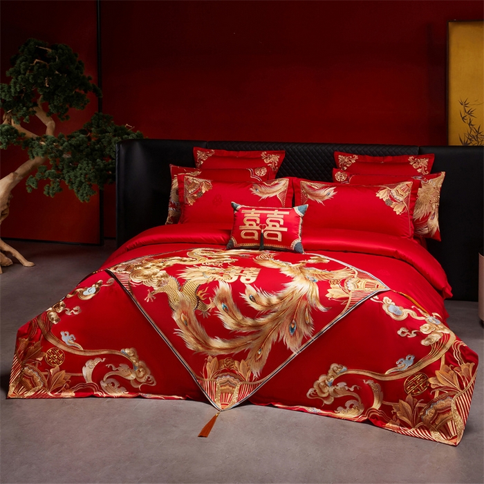 91家纺网 家纺一手货源 找家纺 宏羽纺家纺 2025新款高支高密全棉提花新中式婚庆多件套 高支高密天赐龙凤