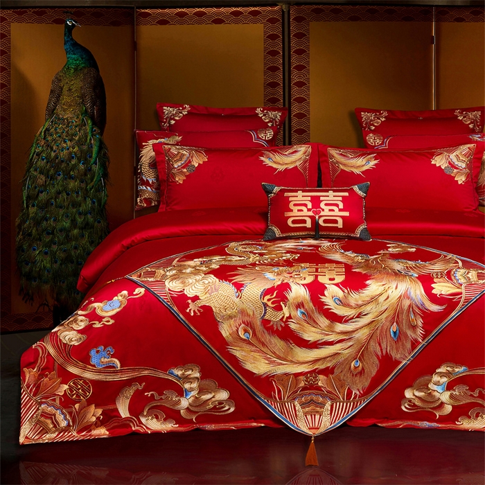 91家纺网 家纺一手货源 找家纺 宏羽纺家纺 2025新款高支高密全棉提花新中式婚庆多件套 高支高密天赐龙凤