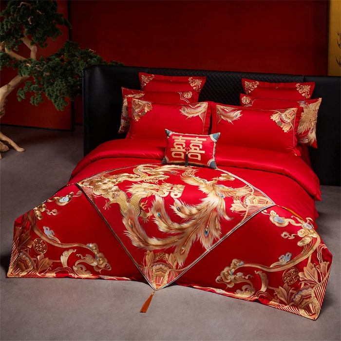 91家纺网 家纺一手货源 找家纺 宏羽纺家纺 2025新款高支高密全棉提花新中式婚庆多件套 高支高密天赐龙凤