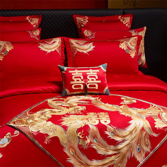 91家纺网 家纺一手货源 找家纺 宏羽纺家纺 2025新款高支高密全棉提花新中式婚庆多件套 高支高密天赐龙凤