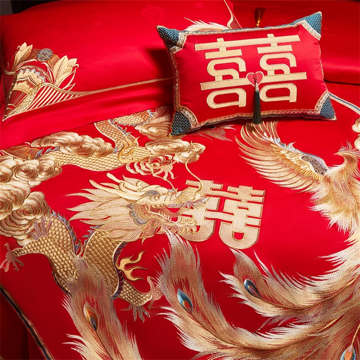 91家纺网 家纺一手货源 找家纺 宏羽纺家纺 2025新款高支高密全棉提花新中式婚庆多件套 高支高密天赐龙凤