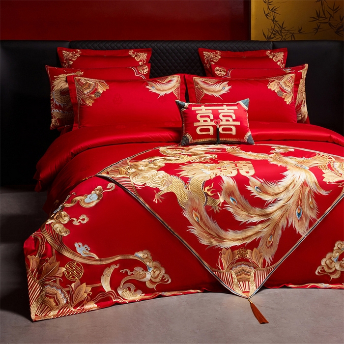 91家纺网 家纺一手货源 找家纺 宏羽纺家纺 2025新款高支高密全棉提花新中式婚庆多件套 高支高密天赐龙凤