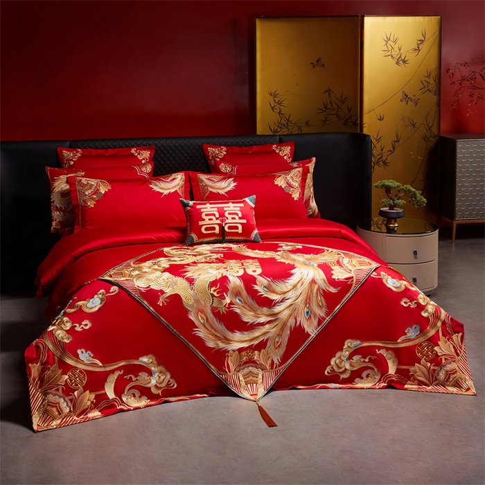 91家纺网 家纺一手货源 找家纺 宏羽纺家纺 2025新款高支高密全棉提花新中式婚庆多件套 高支高密天赐龙凤