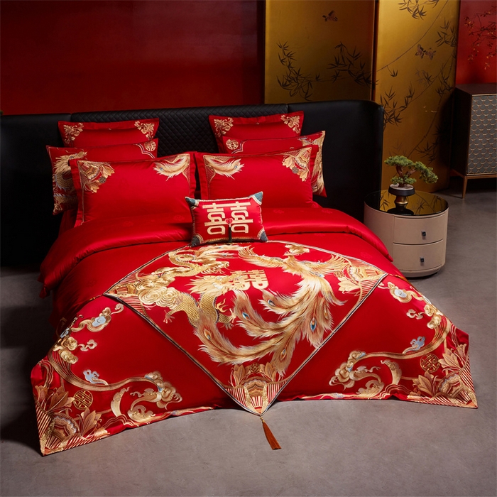 91家纺网 家纺一手货源 找家纺 宏羽纺家纺 2025新款高支高密全棉提花新中式婚庆多件套 高支高密天赐龙凤