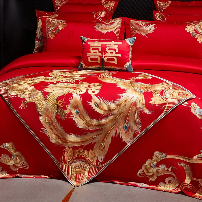 91家纺网 家纺一手货源 找家纺 宏羽纺家纺 2025新款高支高密全棉提花新中式婚庆多件套 高支高密天赐龙凤