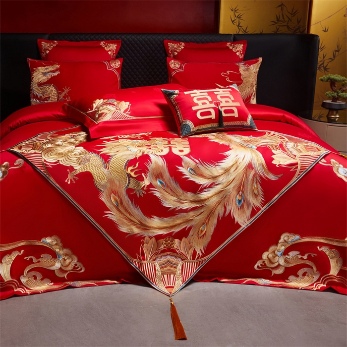 91家纺网 家纺一手货源 找家纺 宏羽纺家纺 2025新款高支高密全棉提花新中式婚庆多件套 高支高密天赐龙凤