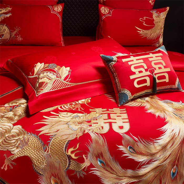 91家纺网 家纺一手货源 找家纺 宏羽纺家纺 2025新款高支高密全棉提花新中式婚庆多件套 高支高密天赐龙凤