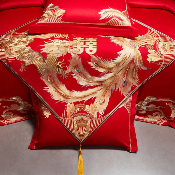 91家纺网 家纺一手货源 找家纺 宏羽纺家纺 2025新款高支高密全棉提花新中式婚庆多件套 高支高密天赐龙凤