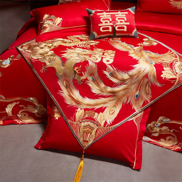 91家纺网 家纺一手货源 找家纺 宏羽纺家纺 2025新款高支高密全棉提花新中式婚庆多件套 高支高密天赐龙凤