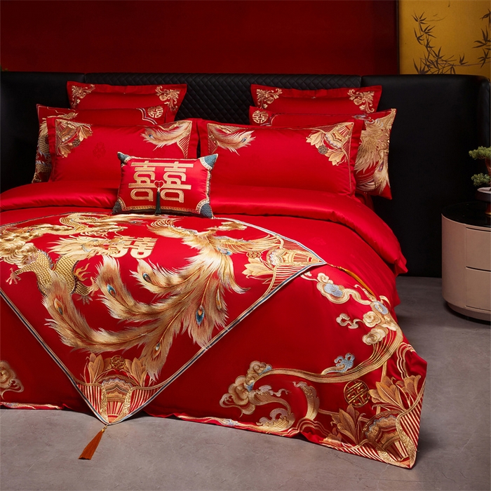 91家纺网 家纺一手货源 找家纺 宏羽纺家纺 2025新款高支高密全棉提花新中式婚庆多件套 高支高密天赐龙凤