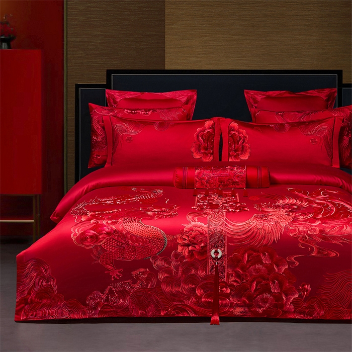 91家纺网 家纺一手货源 找家纺 宏羽纺家纺 2025新款高支高密全棉提花新中式婚庆多件套 高支高密至尊红颜-红