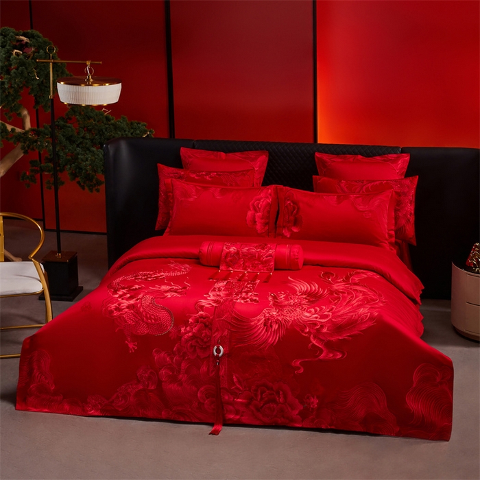 91家纺网 家纺一手货源 找家纺 宏羽纺家纺 2025新款高支高密全棉提花新中式婚庆多件套 高支高密至尊红颜-红