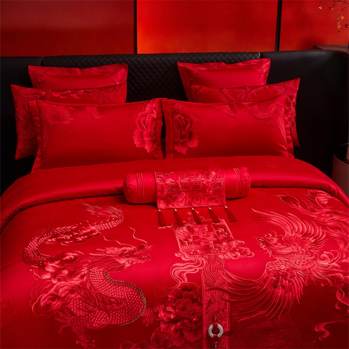 91家纺网 家纺一手货源 找家纺 宏羽纺家纺 2025新款高支高密全棉提花新中式婚庆多件套 高支高密至尊红颜-红