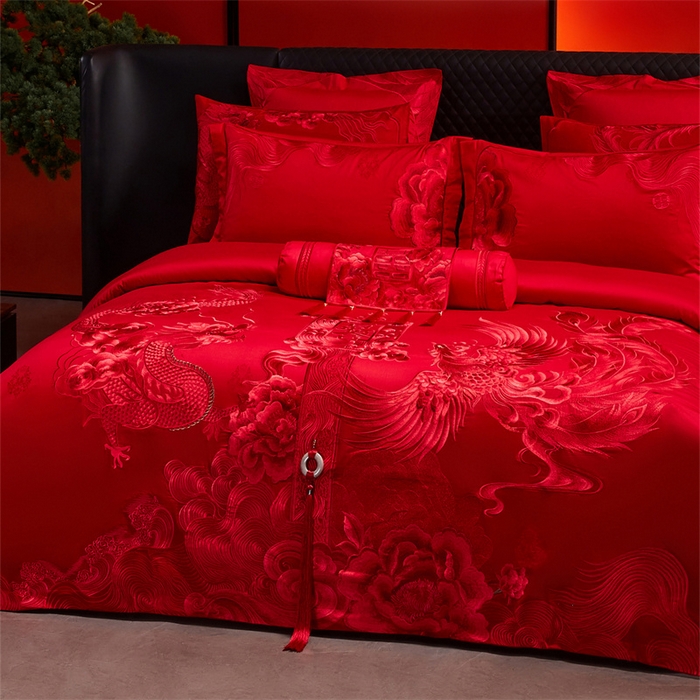 91家纺网 家纺一手货源 找家纺 宏羽纺家纺 2025新款高支高密全棉提花新中式婚庆多件套 高支高密至尊红颜-红