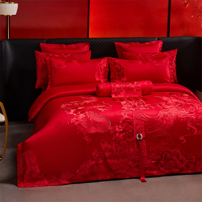 91家纺网 家纺一手货源 找家纺 宏羽纺家纺 2025新款高支高密全棉提花新中式婚庆多件套 高支高密至尊红颜-红