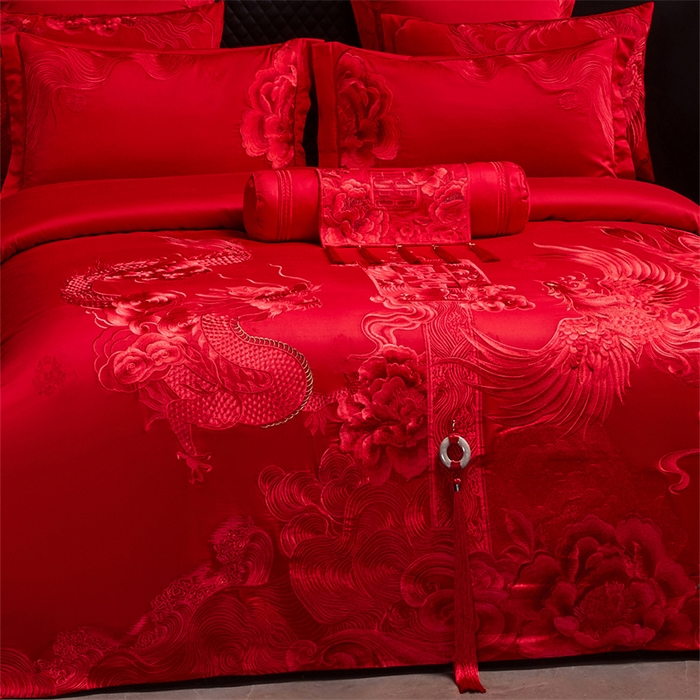 91家纺网 家纺一手货源 找家纺 宏羽纺家纺 2025新款高支高密全棉提花新中式婚庆多件套 高支高密至尊红颜-红
