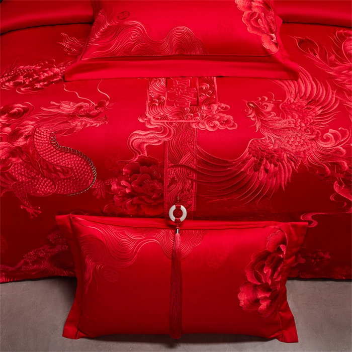 91家纺网 家纺一手货源 找家纺 宏羽纺家纺 2025新款高支高密全棉提花新中式婚庆多件套 高支高密至尊红颜-红