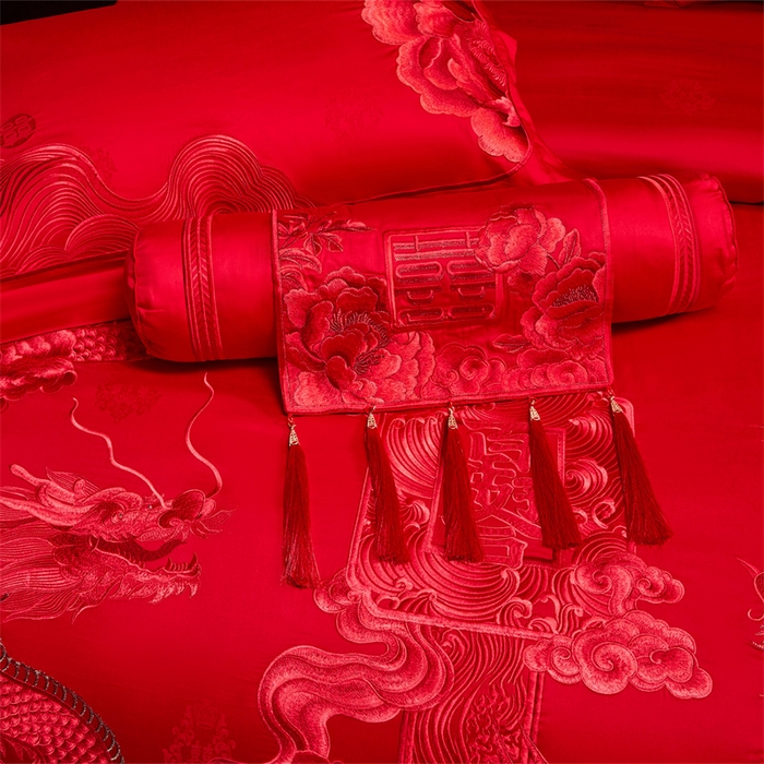 91家纺网 家纺一手货源 找家纺 宏羽纺家纺 2025新款高支高密全棉提花新中式婚庆多件套 高支高密至尊红颜-红