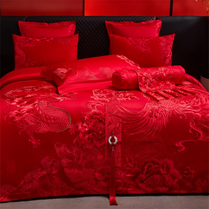 91家纺网 家纺一手货源 找家纺 宏羽纺家纺 2025新款高支高密全棉提花新中式婚庆多件套 高支高密至尊红颜-红