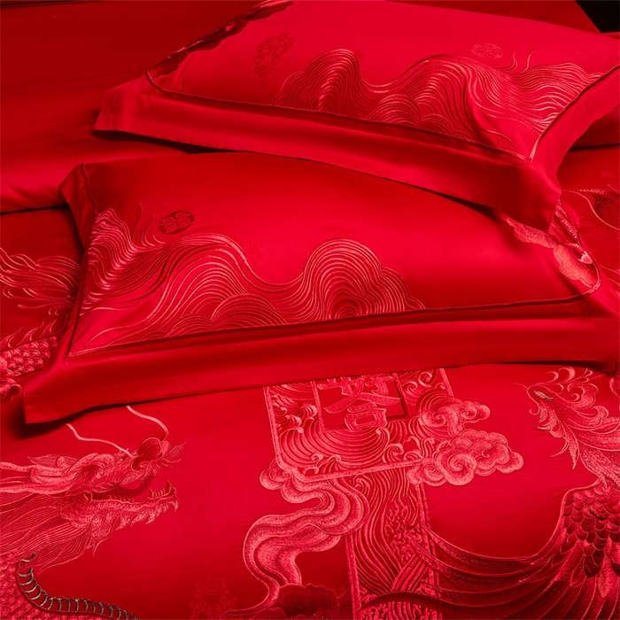91家纺网 家纺一手货源 找家纺 宏羽纺家纺 2025新款高支高密全棉提花新中式婚庆多件套 高支高密至尊红颜-红