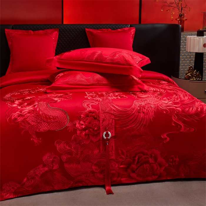 91家纺网 家纺一手货源 找家纺 宏羽纺家纺 2025新款高支高密全棉提花新中式婚庆多件套 高支高密至尊红颜-红