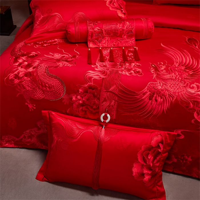 91家纺网 家纺一手货源 找家纺 宏羽纺家纺 2025新款高支高密全棉提花新中式婚庆多件套 高支高密至尊红颜-红