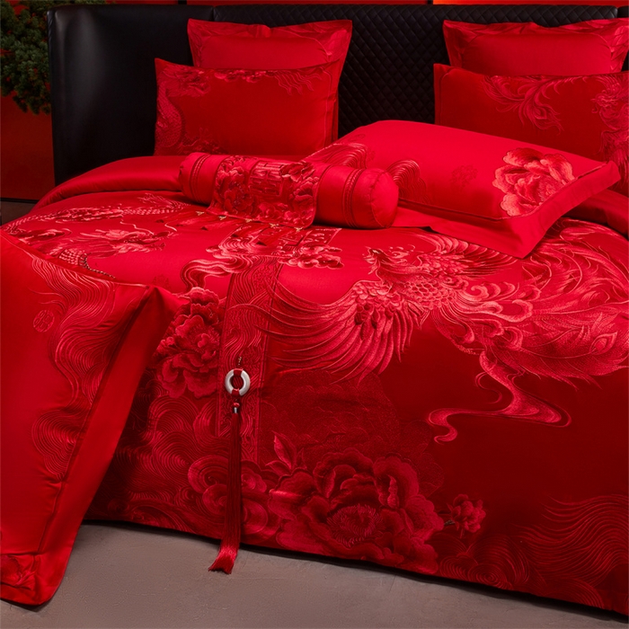 91家纺网 家纺一手货源 找家纺 宏羽纺家纺 2025新款高支高密全棉提花新中式婚庆多件套 高支高密至尊红颜-红
