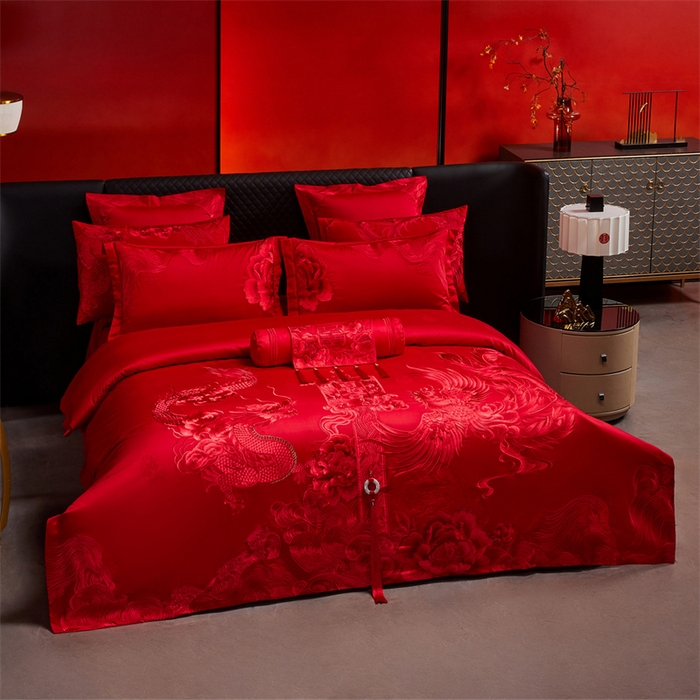 91家纺网 家纺一手货源 找家纺 宏羽纺家纺 2025新款高支高密全棉提花新中式婚庆多件套 高支高密至尊红颜-红