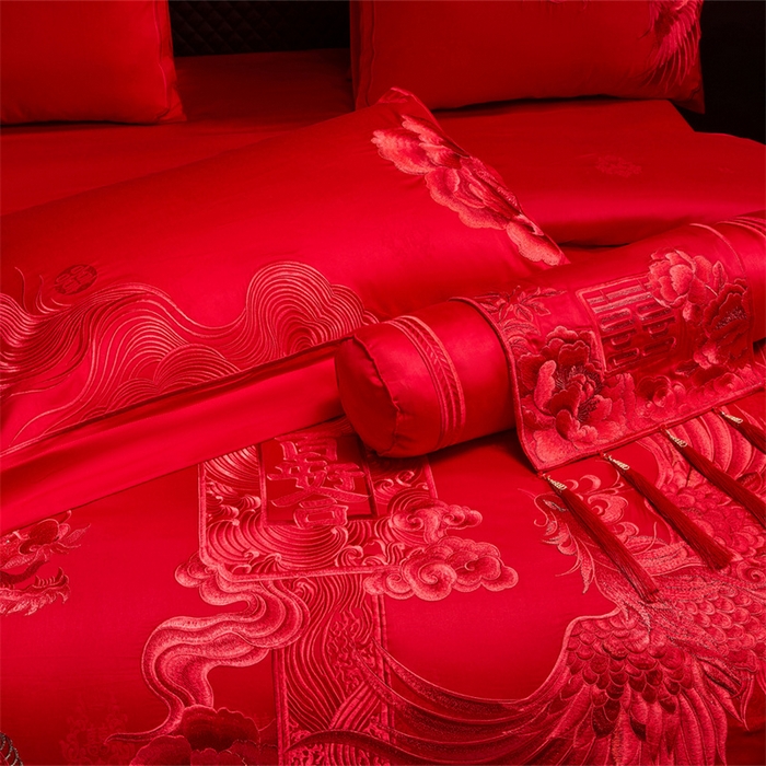 91家纺网 家纺一手货源 找家纺 宏羽纺家纺 2025新款高支高密全棉提花新中式婚庆多件套 高支高密至尊红颜-红