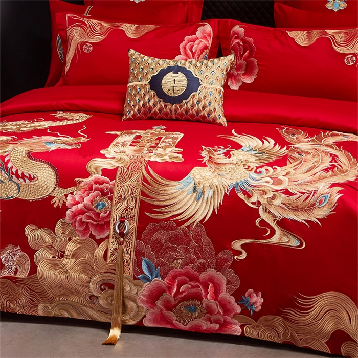 91家纺网 家纺一手货源 找家纺 宏羽纺家纺 2025新款高支高密全棉提花新中式婚庆多件套 高支高密至尊红颜-金