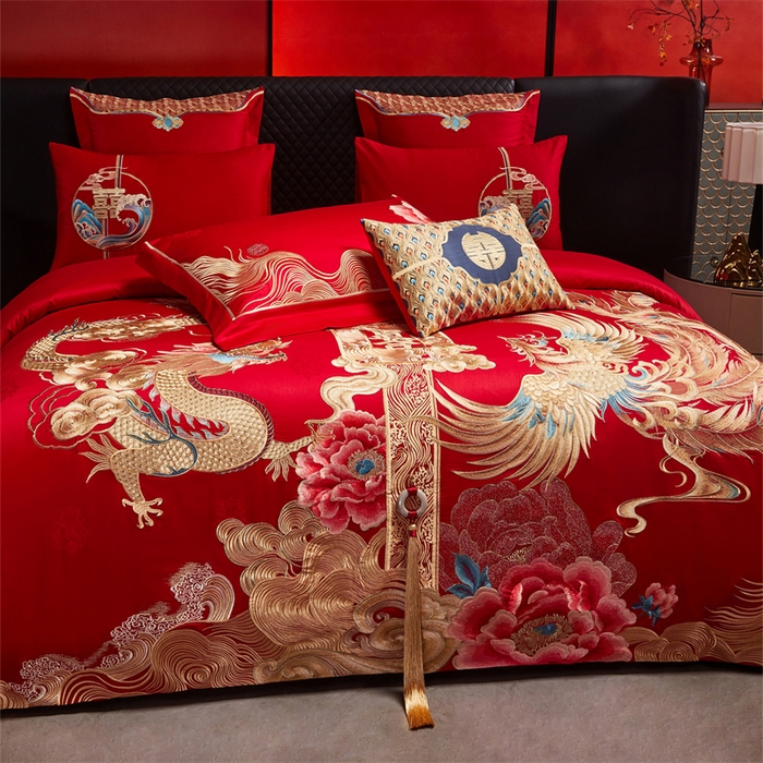 91家纺网 家纺一手货源 找家纺 宏羽纺家纺 2025新款高支高密全棉提花新中式婚庆多件套 高支高密至尊红颜-金