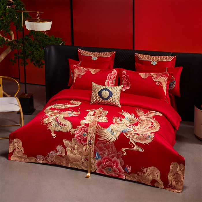 91家纺网 家纺一手货源 找家纺 宏羽纺家纺 2025新款高支高密全棉提花新中式婚庆多件套 高支高密至尊红颜-金