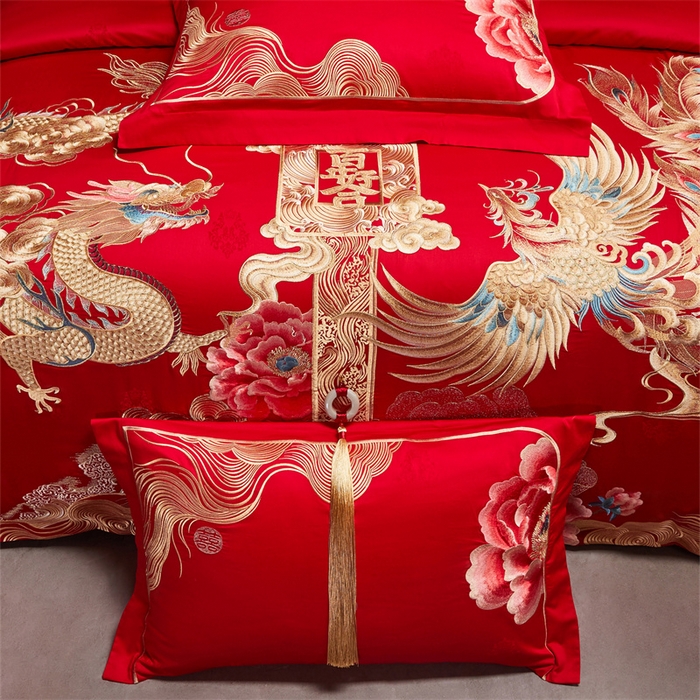 91家纺网 家纺一手货源 找家纺 宏羽纺家纺 2025新款高支高密全棉提花新中式婚庆多件套 高支高密至尊红颜-金