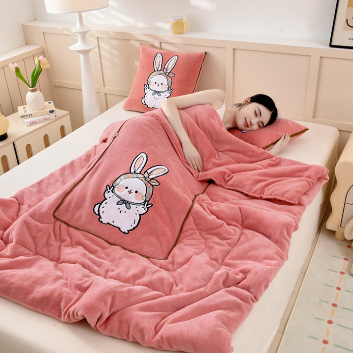 91家纺网 家纺一手货源 找家纺 阳光依佰抱枕被 2025秋冬新款牛奶绒多功能抱枕被系列-大耳兔 大耳兔---西瓜红