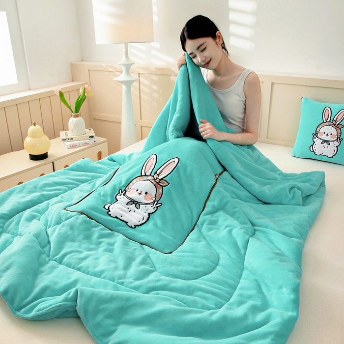 91家纺网 家纺一手货源 找家纺 阳光依佰抱枕被 2025秋冬新款牛奶绒多功能抱枕被系列-大耳兔 大耳兔---宝石兰