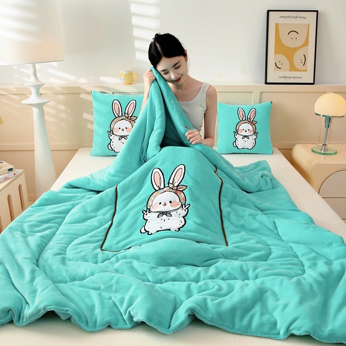 91家纺网 家纺一手货源 找家纺 阳光依佰抱枕被 2025秋冬新款牛奶绒多功能抱枕被系列-大耳兔 大耳兔---宝石兰